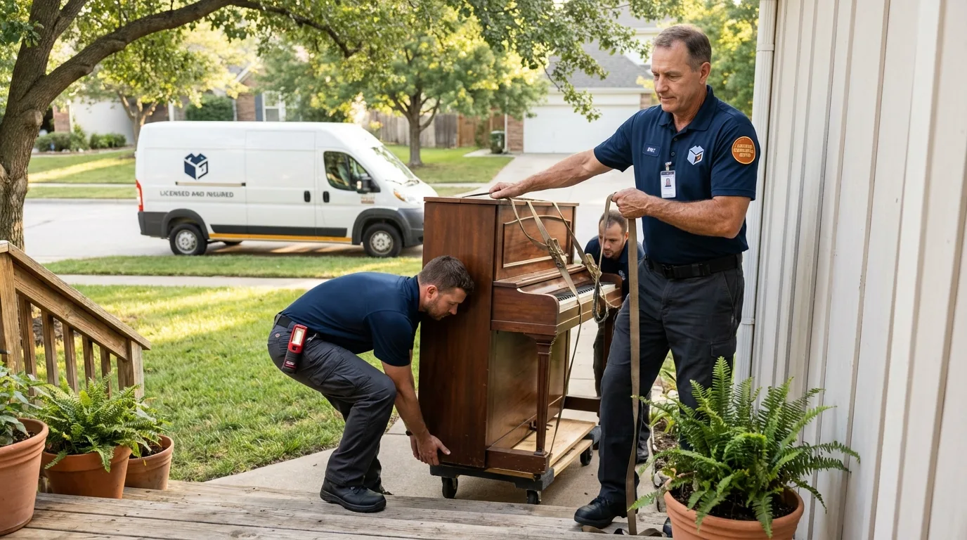 Licensed piano movers securing grand piano in Vega Baja, PR